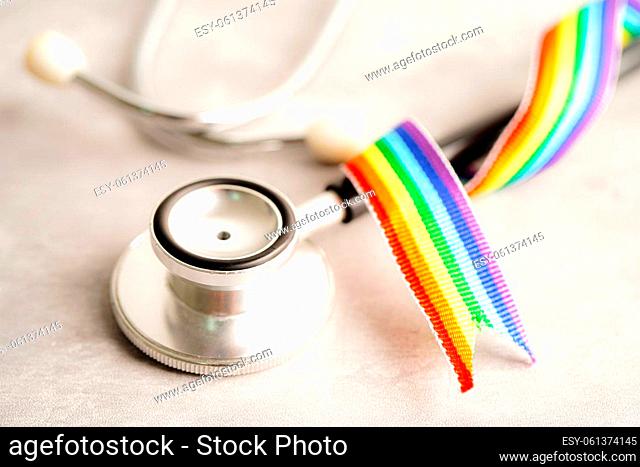 LGBT symbol, Stethoscope with rainbow ribbon, rights and gender equality, LGBT Pride Month in June
