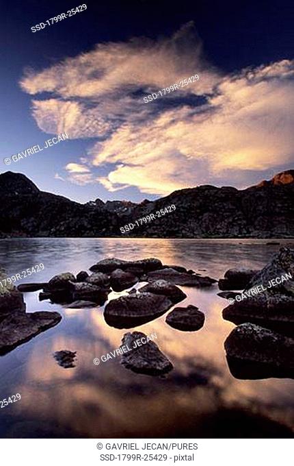 Reflection of clouds in water, Wind River Range, Bridger Wilderness, Bridger-Teton National Forest, Wyoming, USA