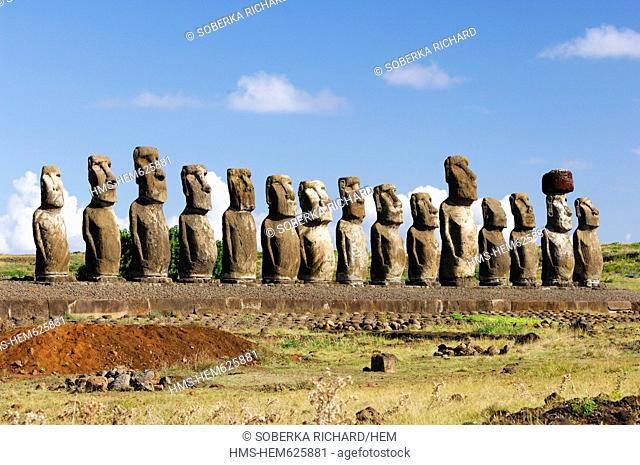 Chile, Easter Island Rapa Nui, site listed as World Heritage by UNESCO, Ahu Tongariki, alignment of the Moai statues