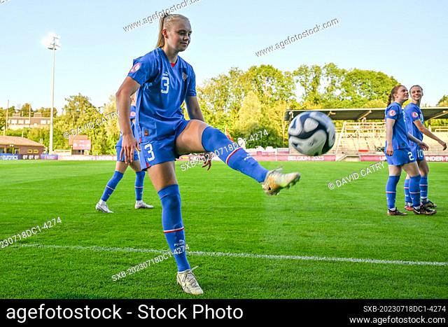 Jakobina Hjorvarsdottir (3) of Iceland pictured giving tournament balls to the fans and supporters ahead of a female soccer game between the national women...