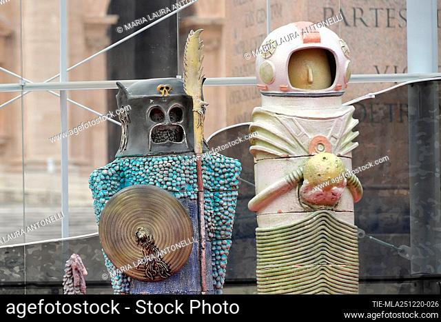 the astronaut and the black warrior of the Nativity scene made up of larger-than-life-sized ceramic statues from Castelli in Abruzzo Vatican City, Italy