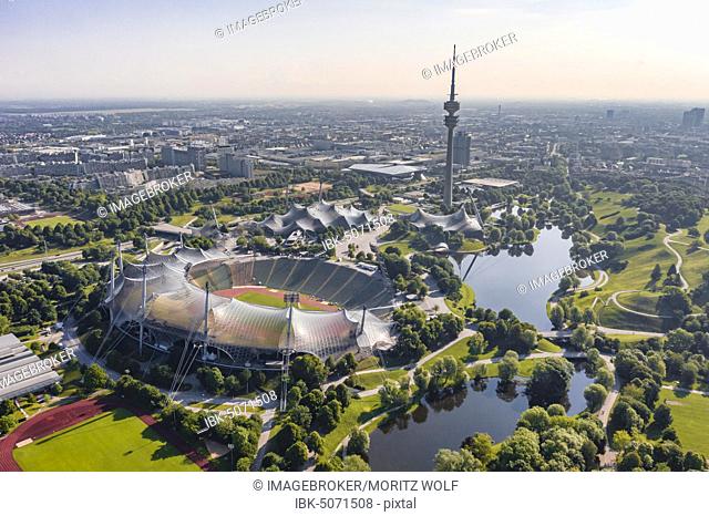 Aerial view, Olympic site, park with Olympic lake and television tower, Olympic tower, Olympic stadium, Olympic park, Munich, Upper Bavaria, Bavaria, Germany