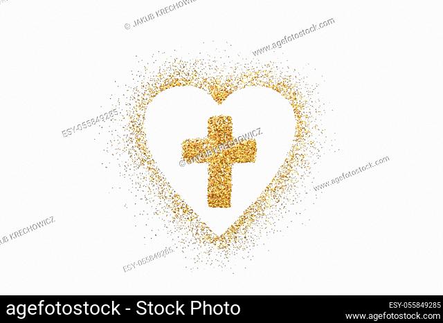 Heart shape with cross on golden glitter over white background