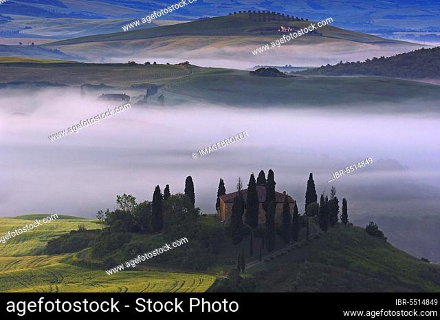Val d'Orcia, Orcia Valley, Morning fog, The Belvedere at dawn, UNESCO World Heritage Site, San Quirico d'Orcia, Siena Province, Tuscany, Tuscany landscape