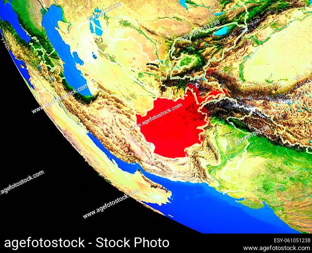 Afghanistan on realistic model of planet Earth with country borders and very detailed planet surface. 3D illustration. Elements of this image furnished by NASA