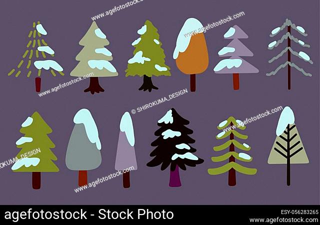 Collection of trees in dark colors. Flat illustration. Vector
