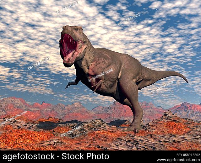 Tyrannosaurus rex roaring in the red desert by cloudy day - 3D render