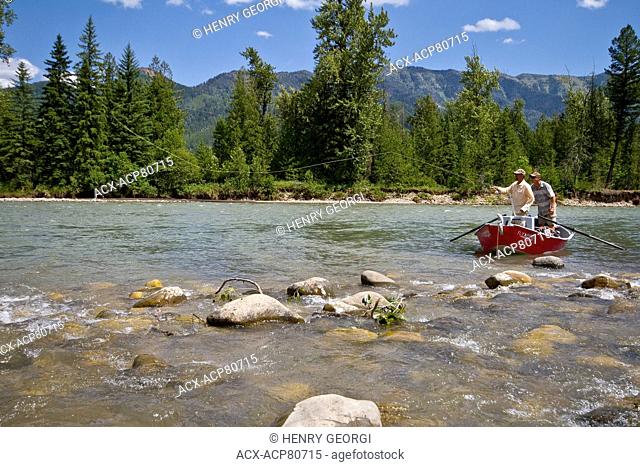Middle-aged man fly-fishing on Elk River with fishing guide , near Fernie, East Kootenays, BC, Canada