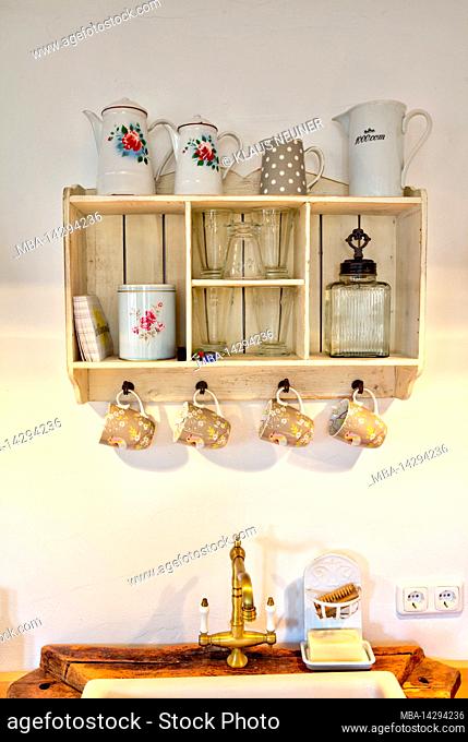 Photo reportage with text, Obere Gasse No 7, home story, shelf, kitchen, cups, glasses, decoration, Rothenfels, Main Spessart, Franconia, Bavaria, Germany