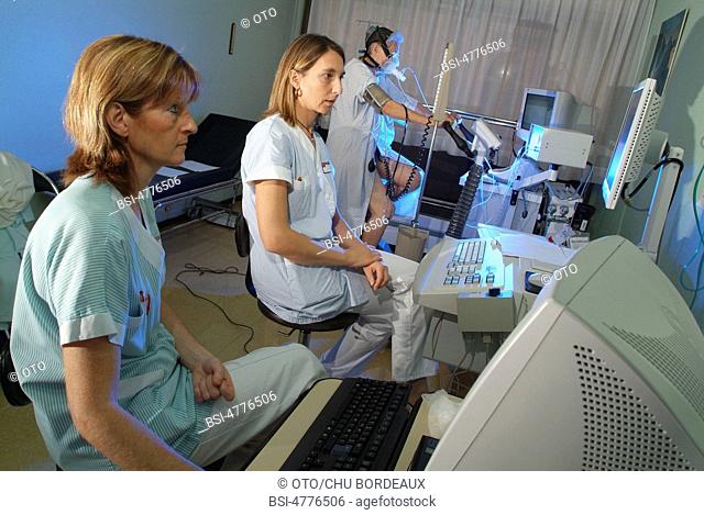 Photo essay from the University Hospital of Bordeaux. Cardiologic hospital of Haut-Leveque. Department of stress test. Surveillance of the stress test on a...