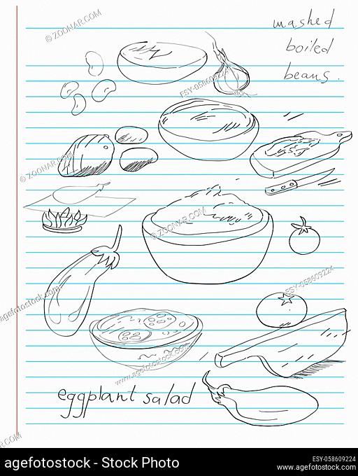 Hand drawn iilustration of a recipe for eggplnat salad and mashed beans, doodles and handwritten texts over an agenda page
