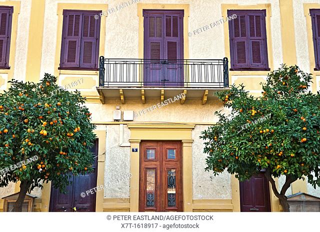 Colourfull house facade in the old town of Nafplio, Greece's first capital after independence, Argolid, Peloponnese, Greece
