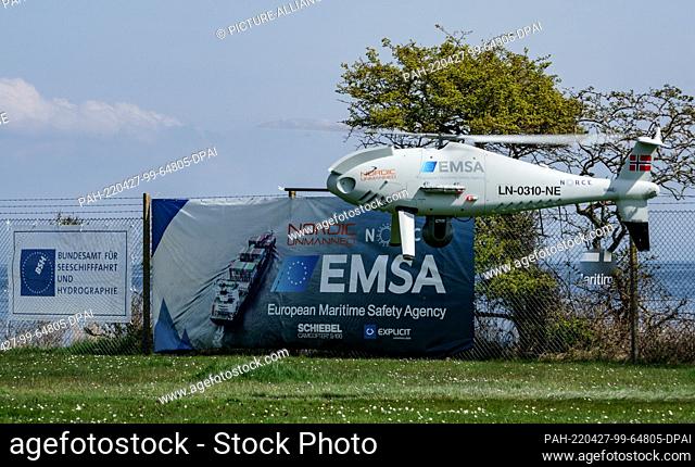 27 April 2022, Schleswig-Holstein, Insel Fehmarn: A drone from the Norwegian company ""Nordic Unmanned"" flies over the site of the Staberhuk radar station