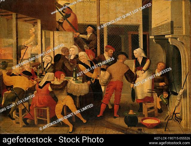 Party in a Brothel, Company in a brothel. On the left a table with men and women drinking and embracing each other. At the fireplace on the right a woman bakes...