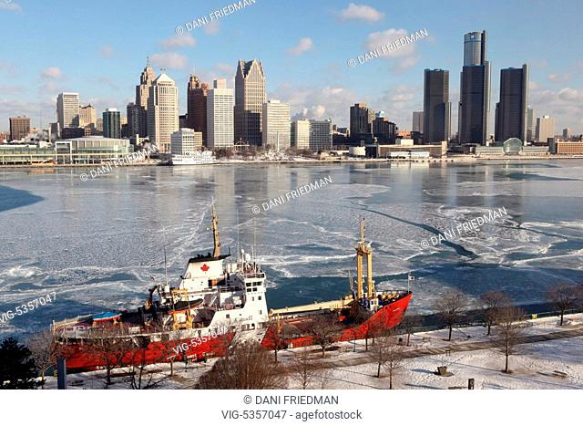 Windsor, Ontario, Canada. February 2014 --- The Canadian Coast Guard icebreaker ship 'Griffon' moored along the Detroit River by the city of Windsor, Ontario