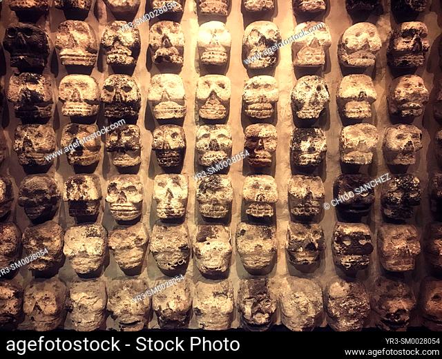 Skulls representing Death and human sacrifices decorate Templo Mayor museum in Mexico City, Mexico