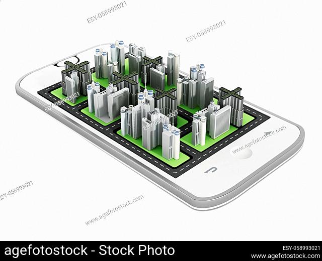 Modern city buildings on the smartphone screen. 3D illustration
