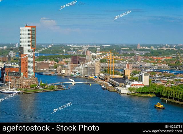 View of Rotterdam city and Nieuwe Maas river with ship from Euromast