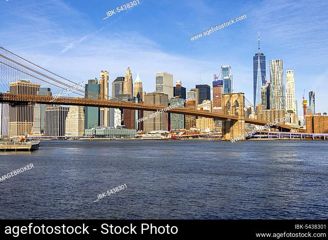 View from Main Street Park over the East River to the skyline of Lower Manhattan with Brooklyn Bridge, Dumbo, Downtown Brooklyn, Brooklyn, New York, USA