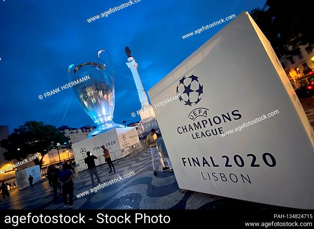 Mockup of the Champions League cup, cup, trophy on the occasion of the Champion League final tournament on the Rossio. The Rossio, officially Praca de D