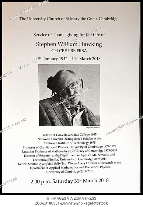 March 31, 2018 - Cambridge, Cambridge, United Kingdom - Professor Stephen Hawking funeral.  Family and friends of Professor Stephen Hawking attend his funeral...