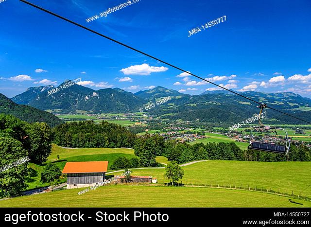 Germany, Bavaria, county Rosenheim, Oberaudorf, view from Hocheck chair lift over Inn valley against Chiemgau Alps