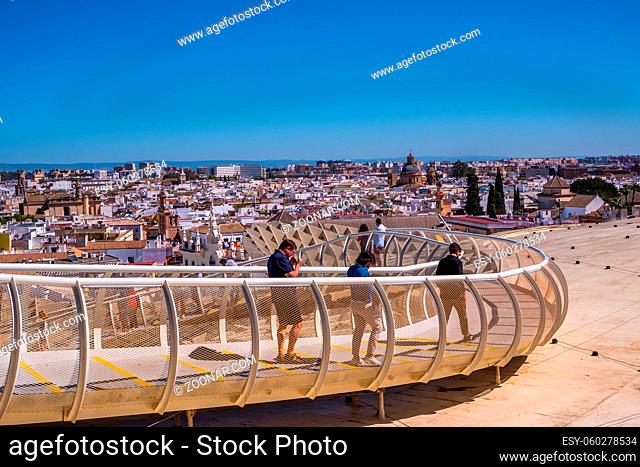 Seville, Spain May 8th 2019: Details of The Metropol Parasol, Setas de Sevilla , the largest wooden structure in the world, , located at Plaza de la Encarnacion