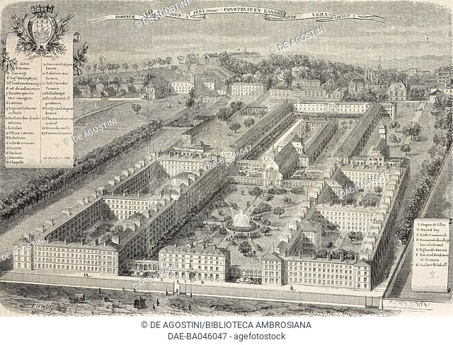 Bird's eye view of the Hospice des Menages in Issy, France, built in 1862, illustration from L'Illustration, Journal Universel, No 1044, Volume XLI, February 28