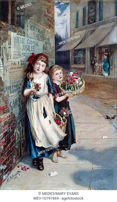 'The Little Flower Sellers' – two girls with baskets of red and white roses standing by a wall covered with old torn posters