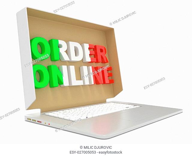 Order online - Italian food. Cardboard box cover on laptop. 3D render illustration isolated on white background