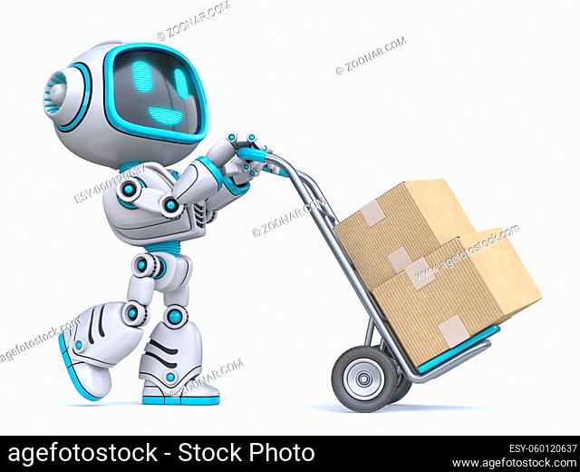Cute blue robot push hand truck 3D rendering illustration isolated on white background