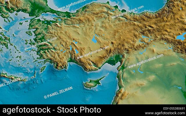 Physical map of the area around the Anatolian tectonic plate. 3D rendering