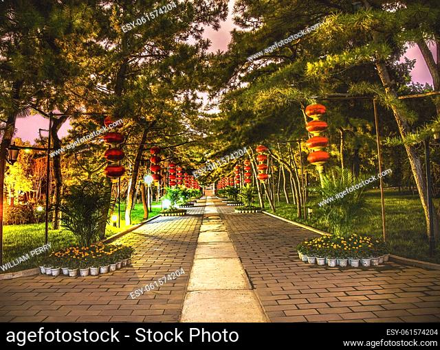 Ancient Stone Altar Circle Walkway Red Lanterns Temple of Sun Night Illuminated Beijing China