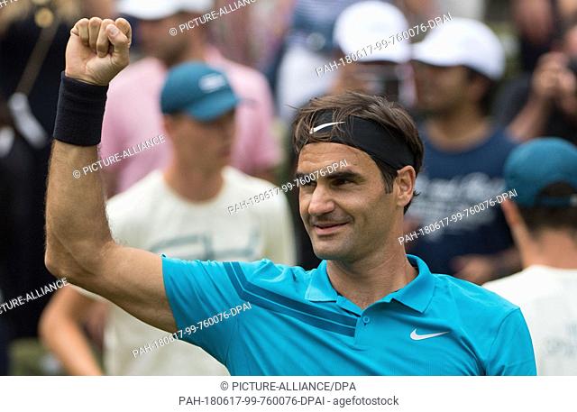 17 June 2018. Germany, Stuttgart, Tennis, ATP World Tour - Stuttgart, Singles, Men, Finals, Federer (Switzerland) vs Raonic (Canada): Roger Federer celebrates...