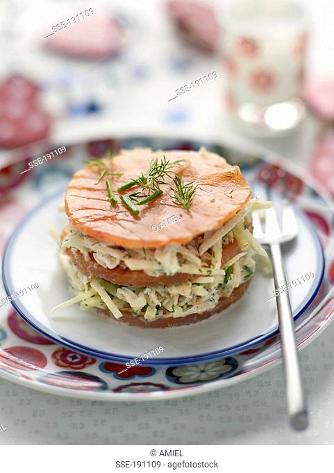 Crab meat, apple and smoked salmon Mille-feuille