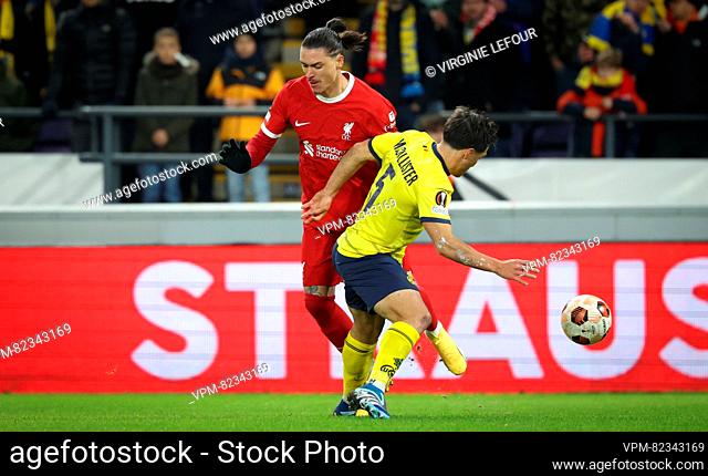 Liverpool's Darwin Nunez and Union's Kevin Mac Allister fight for the ball during a game between Belgian soccer team Royale Union Saint Gilloise and English...
