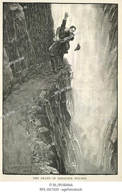 The Death of Sherlock Holmes, Sherlock Holmes fighting with Professor Moriarty at the Reichenbach Falls in May 1891, where he supposedly fell to his death