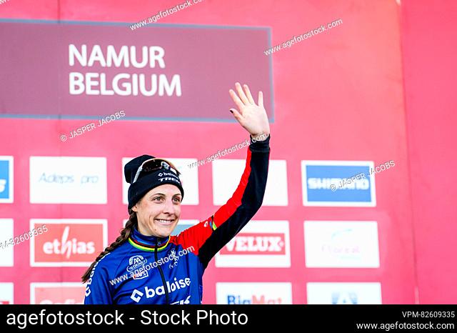 Dutch Lucinda Brand pictured on the podium after the women's elite race at the World Cup cyclocross cycling event in Namur, Belgium