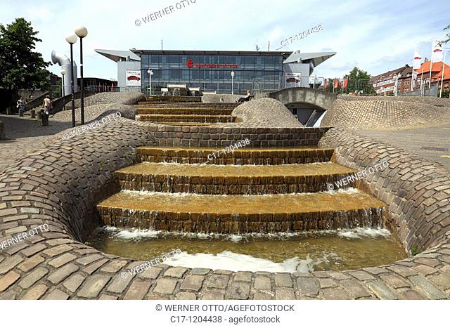 Germany, Kiel, Kiel Fjord, Baltic Sea, Schleswig-Holstein, Europe Square, well, trick fountains, cascades, Sparkassen Arena, former Ostseehalle, sports hall