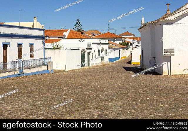 Small traditional rural settlement village with low rise one story houses and cobbled streets, Entradas, near Castro Verde, Baixo Alentejo, Portugal