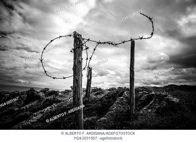 Barbed wire on the coast of Llanes.Asturias.España