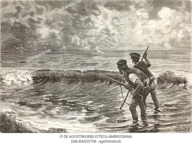 Hunting from the edge of the sea, engraving from a painting by Alceste Campriani (1848-1933), from L'Illustrazione Italiana, No 26, June 26, 1881
