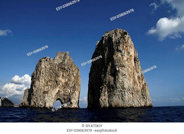 Faraglioni are the three stacks located off the island of Capri