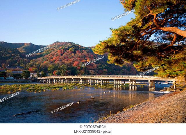 Togetsu bridge at Arashiyma, Kyoto Prefecture, Honshu, Japan