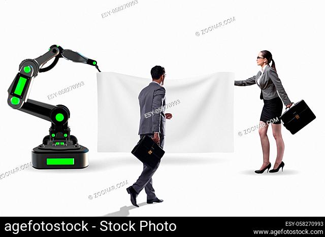 Business people and blank poster supported by the robotic arms