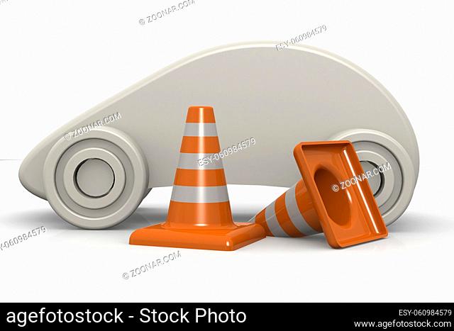 Traffic cones and car model isolated, 3d rendering