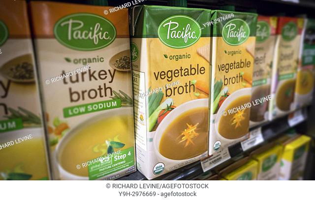 Pacific Foods brand sterile packaging containers of soups and broths in a supermarket in New York on Friday, July 7, 2017. The Campbell Soup Co
