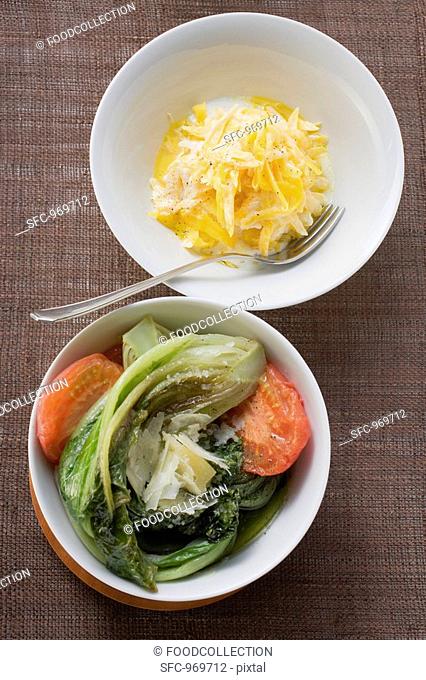Yellow carrots with yoghurt, braised romaine lettuce with tomatoes