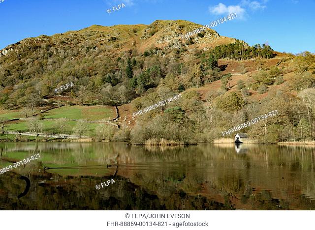 Colours of autumn as the last of the leaves fall at Rydal Water in the Lake District on a beautiful sunny day