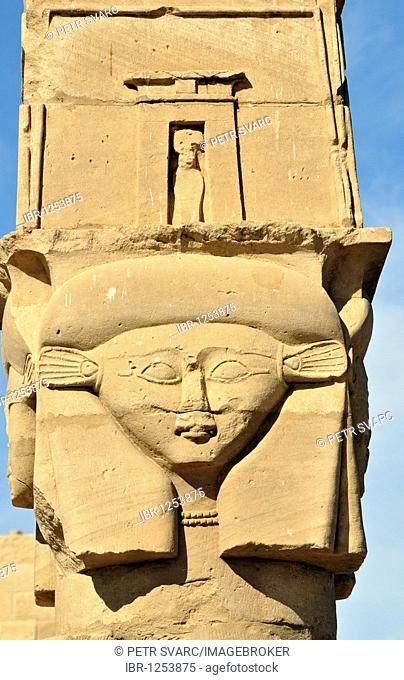 Hathor-headed column of Kiosk of Qertassi or Kertassi at ancient Nubian temple of Kalabsha, Mandulis, on Lake Nasser near Aswan, Egypt, North Africa